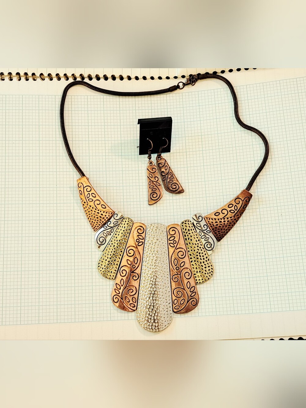 paparazzi Set Mixed Metal Gold and Copper Fan Bib Necklace w/ Matching Earrings